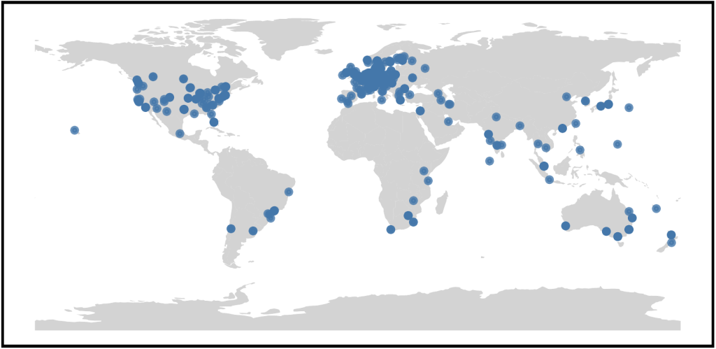 World map showing the Figure 1 — locations of the 675 vantage points used in the study