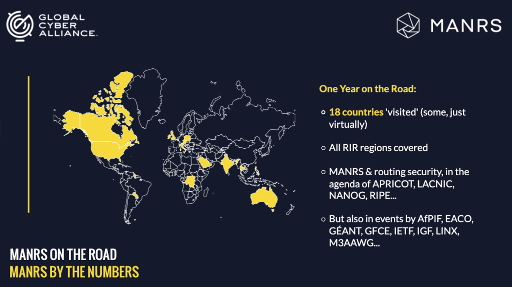 Infographic showing a map of the world and the countries where MANRS outreach was conducted