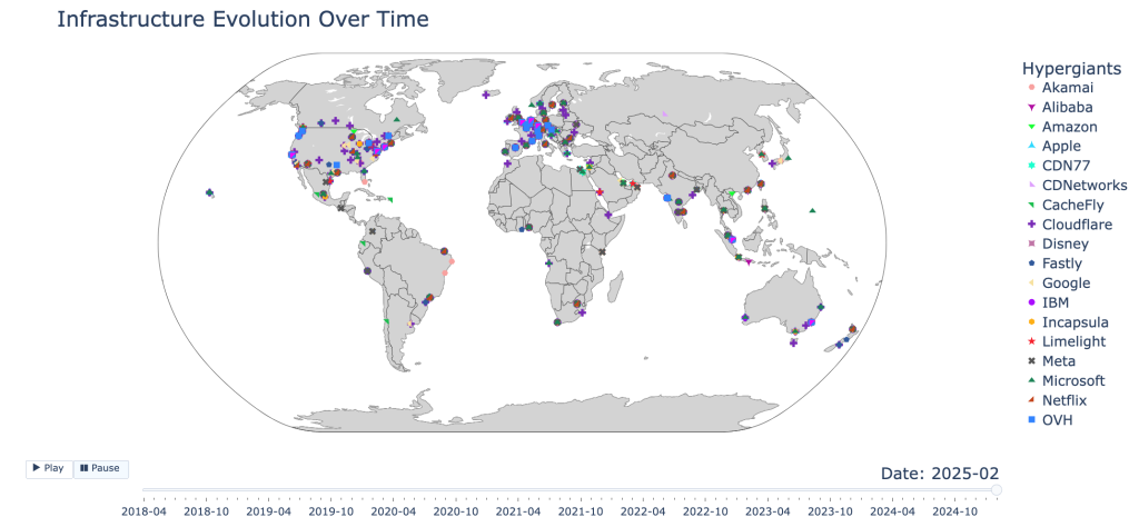 World map showing hypergiant points of presence in each country in February 2025