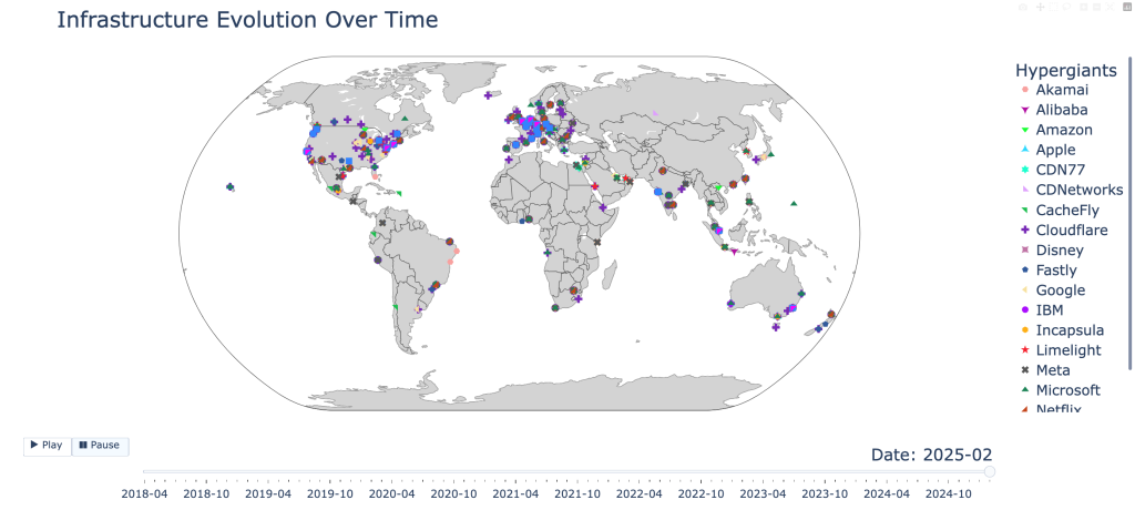 World map showing hypergiant points of presence in each country in February 2025