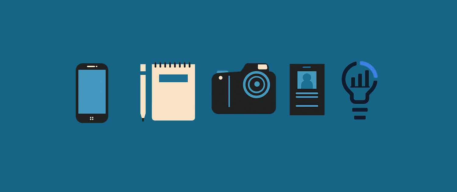 Graphic showing phone, camera, notebook, press pass, and Pulse icons