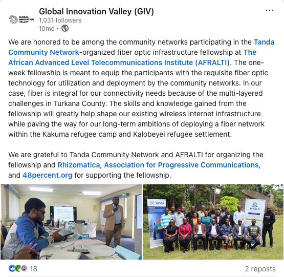 Screenshot of a LinkedIn post detailing a fiber optic workshop that Tanda Community Network organized.