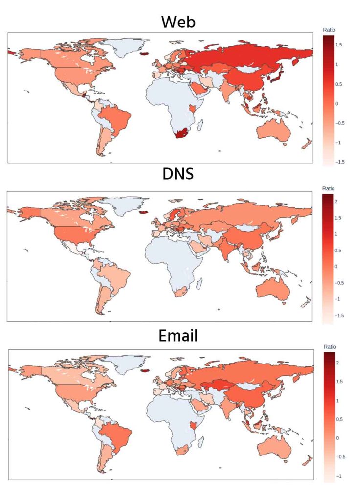 Three world heat maps showing the level of abuse across web, DNS and email in each country
