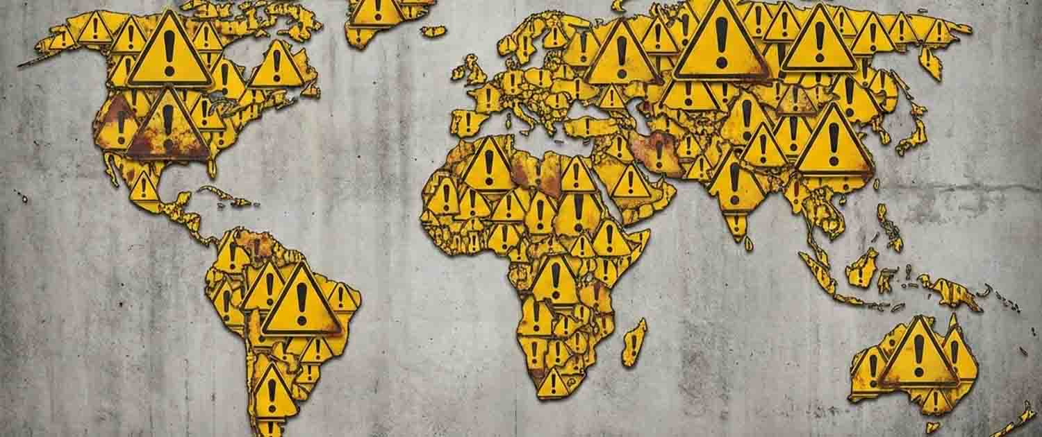 Illustration of a world map made out of warning signs